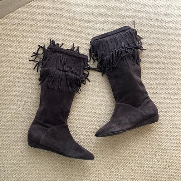 Giani Bini Dark Brown Suede Leather  Fringed Wedge Mid Calf Boot 8.5M - Picture 4 of 12